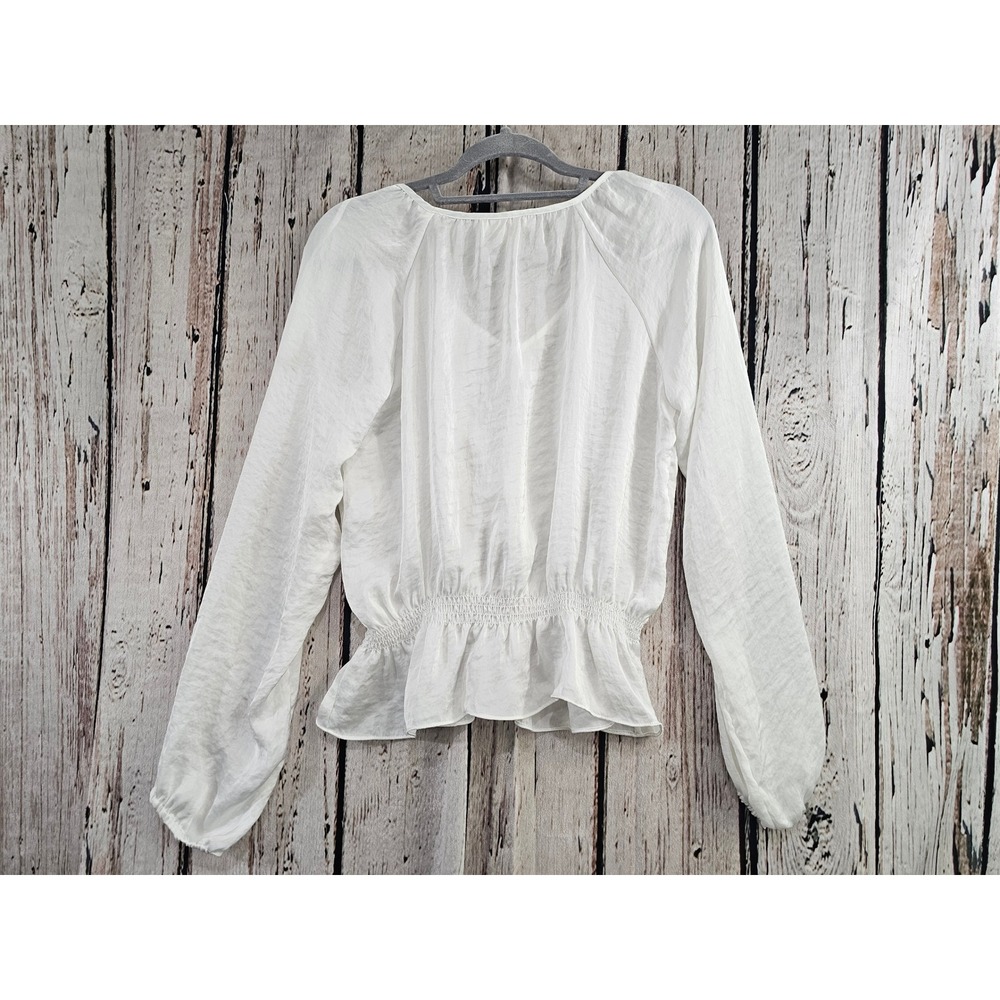 Michael‎ Kors Peplum Blouse Women Size S White Smocked V-Neck Satin Cropped EUC - Picture 5 of 8